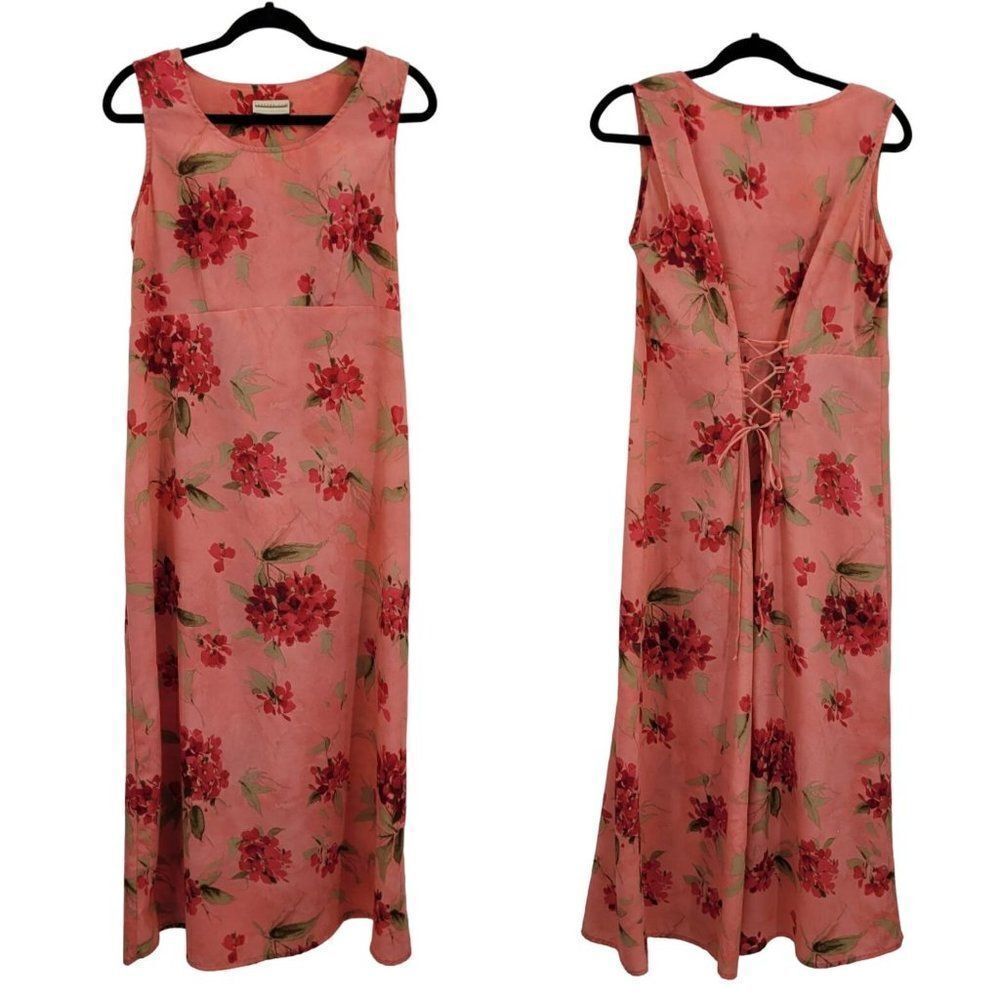 Vintage 80's Expressions Maxi Dress 14 Pink Floral Sleeveless Corset‎ Cinch Back
